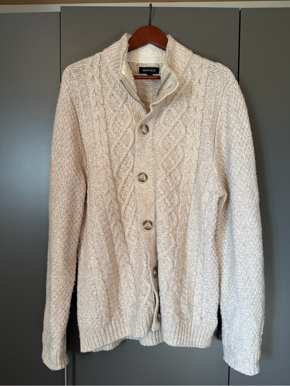 RW&CO. Men's Cream Cable-Knit Shawl Collar Button Cardigan (L)